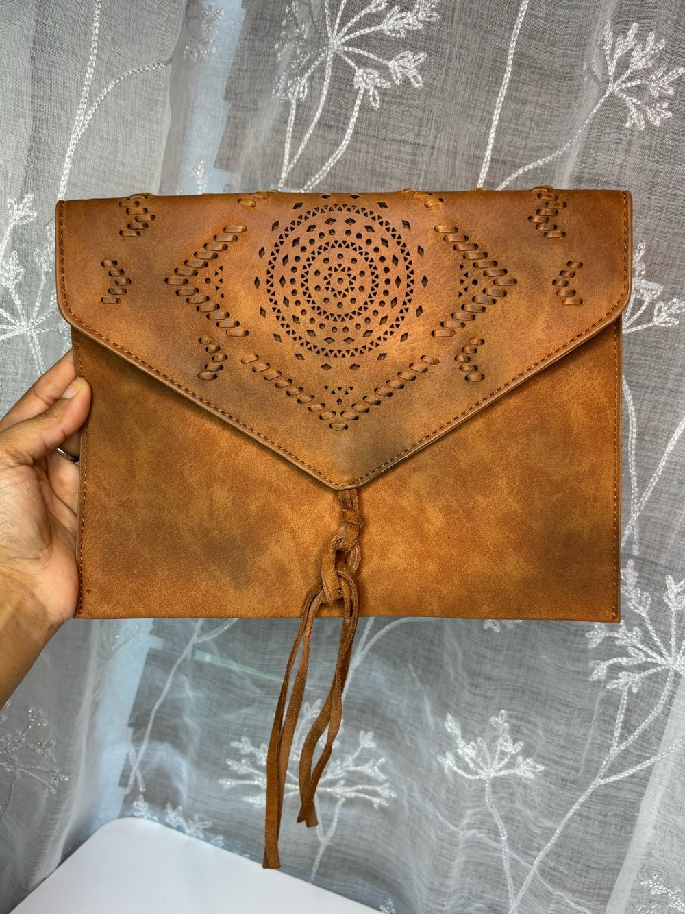 Altar'd State Tan Leather Large Clutch Intricate Laser Cut Mandala Tassel Detail